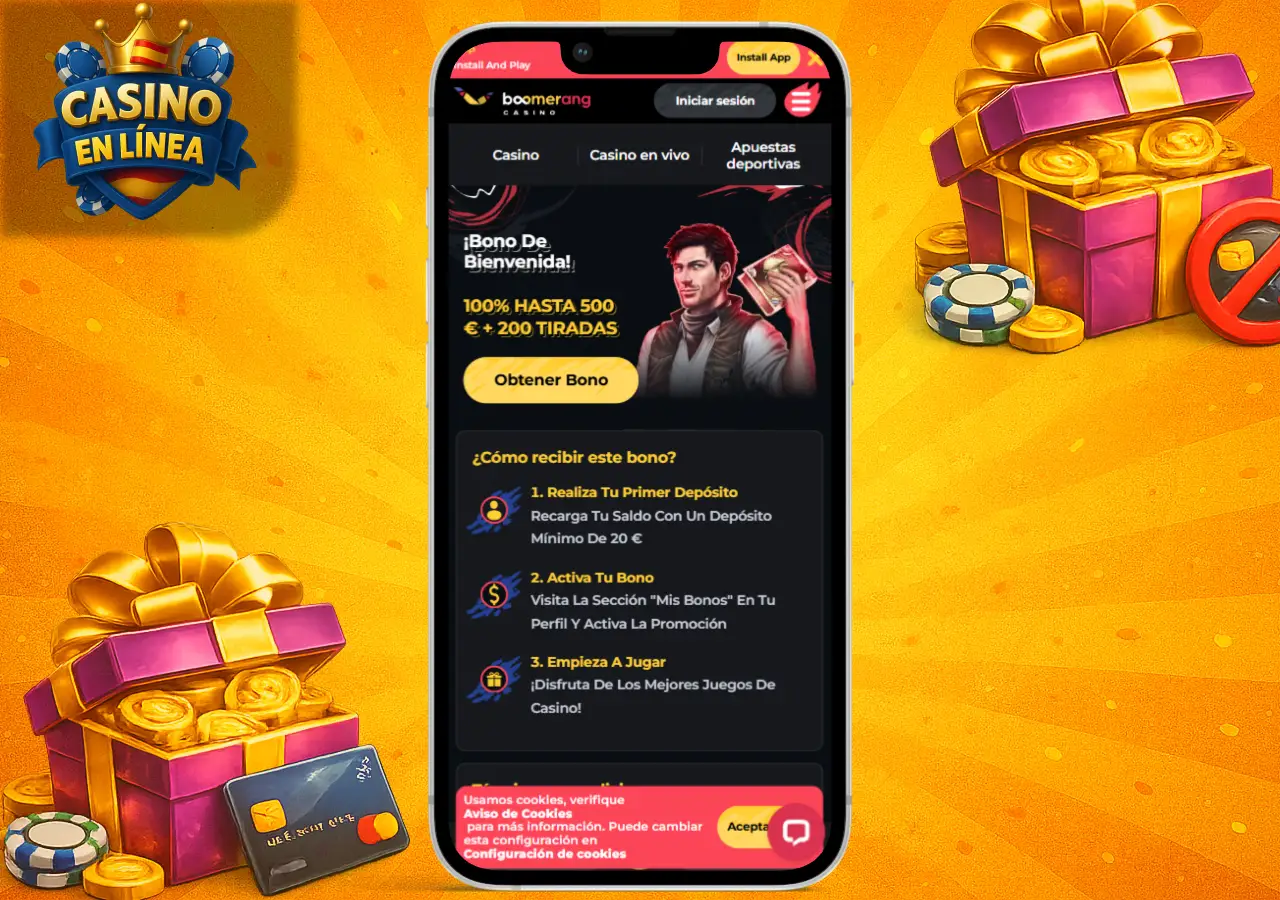 Tipos de bonos de casino online mostrados en móvil con oferta de bienvenida y tarjetas